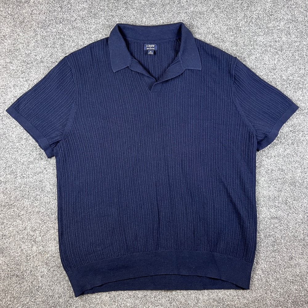 J Crew Sweater Polo Shirt Mens XL Blue Ribbed Cotton Open Johnny Collar Resort